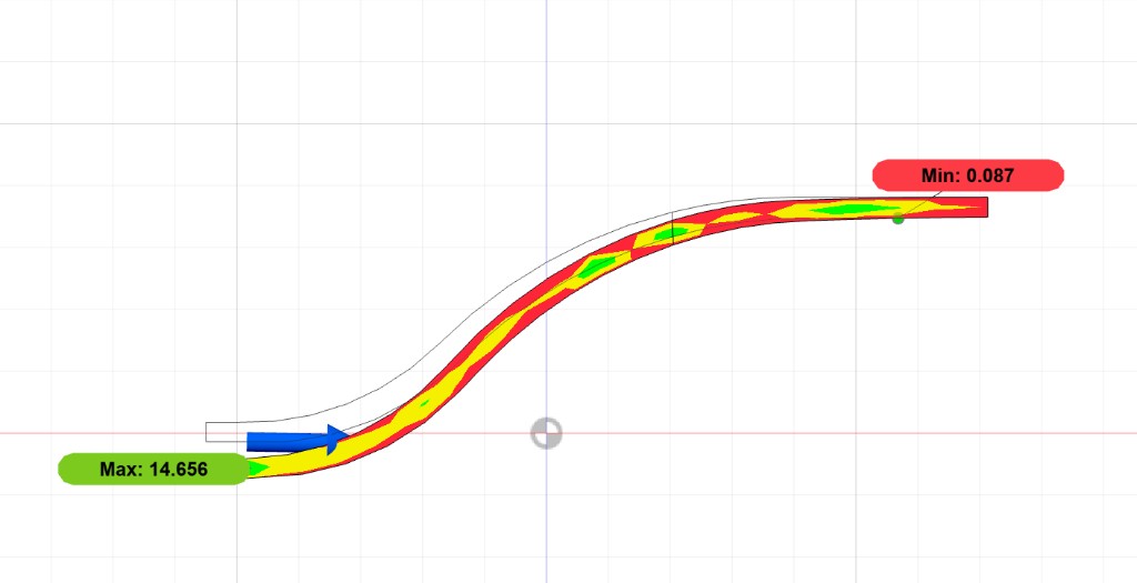 FEA stress simulation of a recurve bow limb showing deformation under load with a red, yellow, and green color gradient indicating stress distribution. Max displacement 14.656, min 0.087.
