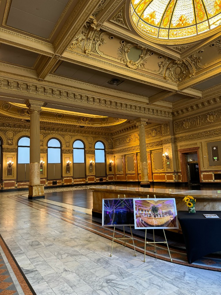 The golden ballroom interior of the venue before the event