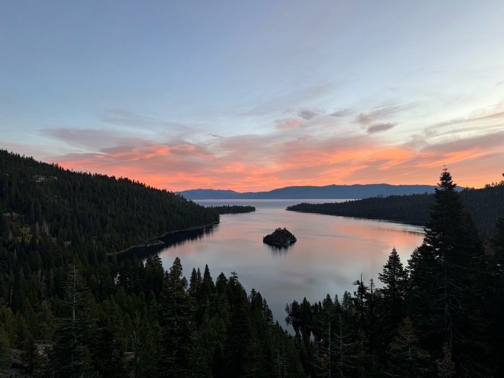 Sunset over Emerald Bay at Lake Tahoe during a team retreat