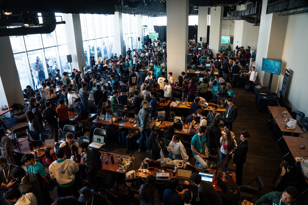 Overhead view of the packed Cal Hacks 11.0 hacking hall
